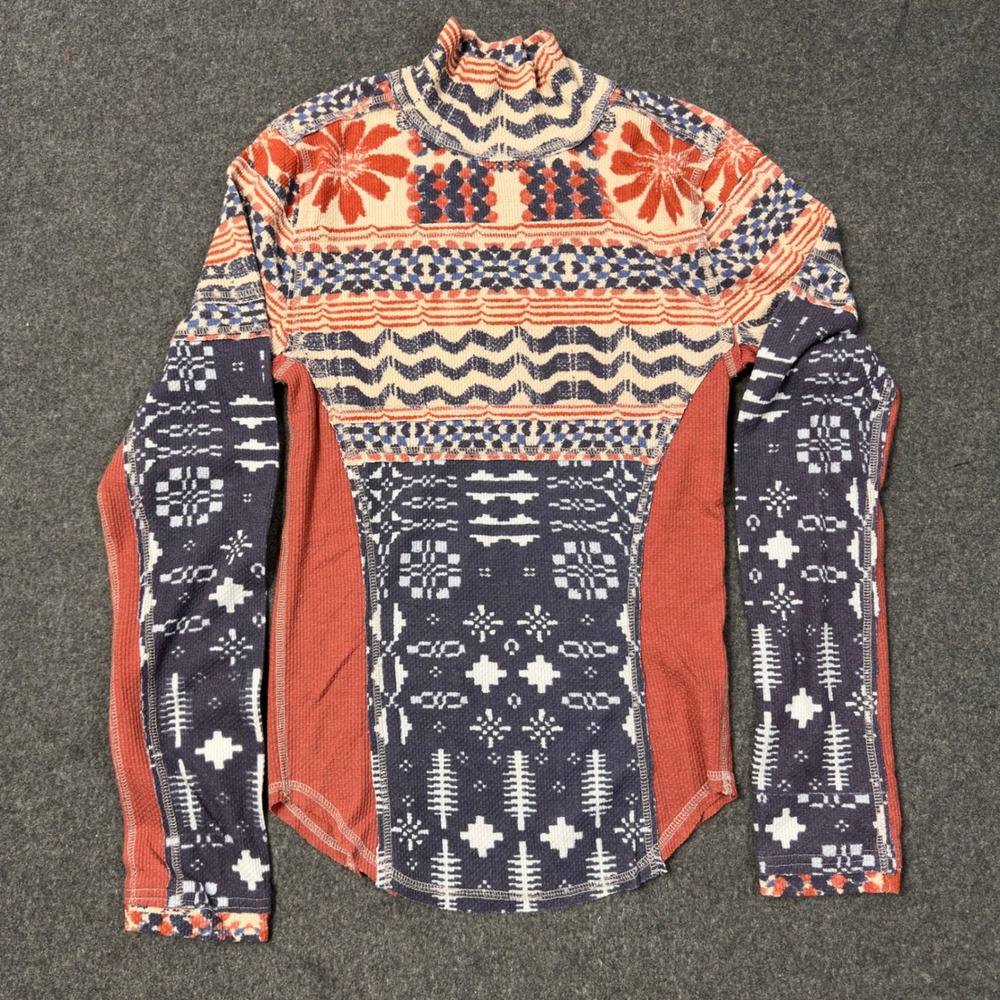 Free People We The Free Mixed Fair Isle Thermal Mock Neck Top Small OB1893376